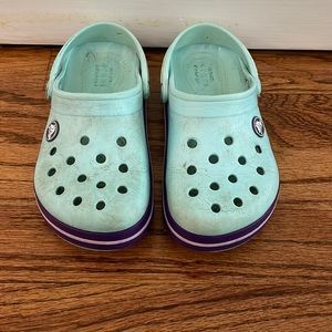 CROCS Girls size 12C teal blue with purple trim.
